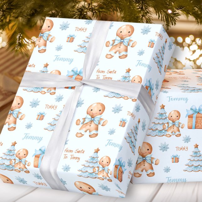 Papel De Presente Pão de Natal Homem Menino Texto Azul (Christmas Gingerbread Man Boy Blue Name Text Wrapping Paper)