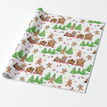 Papel De Presente Pão-De-Pão-De-Pão-De-Natal Árvore Aquarela<br><div class="desc">"Homem Gingerpão,  anjos com trem de Natal e árvores de goma-lama Papel de Tecido de Aquarela." Simples fundo branco atrás de um design com um padrão adorável e fofo criado de imagens de aquarela que foram pintadas por uma artista e designer internacionalmente licenciada,  Audrey Jeanne Roberts,  copyright.</div>