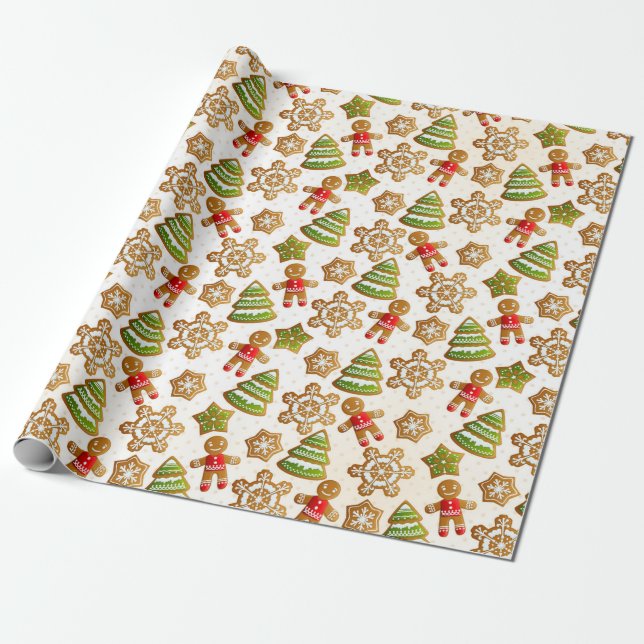 Papel De Presente Pão-Pão Dourado Flocos de Neve Evergreen Padrão (Desenrolado)