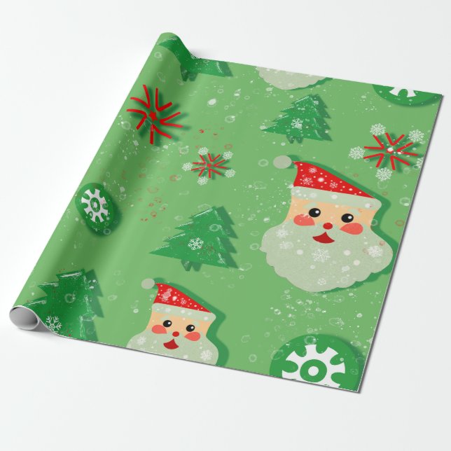 Papel De Presente Papá Noel y Abetos Festivos (Desenrolado)