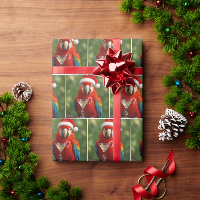 Papel De Presente Papagaio de Natal segurando um coquetel (Presente de Natal)