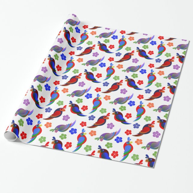 Papel De Presente Papagaios e flores (Desenrolado)