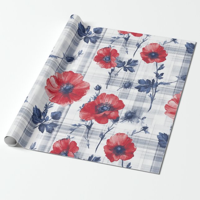 Papel De Presente Papagaios vermelhos com folhas azuis em azul contr (Desenrolado)