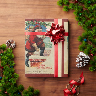 Papel De Presente Papai Noel Antigo com Saco de Brinquedos Natal
