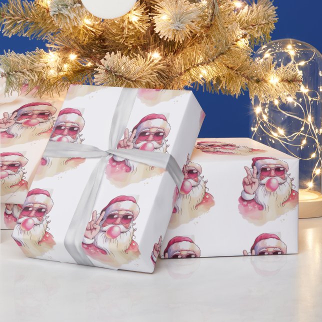 Papel De Presente Papai Noel Assoprando Chiclete Óculos de Sol Rosa (Feriados)