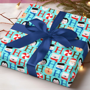 Papel De Presente Papai Noel Azul Ho Ho Ho Boneco de Neve Natal Cria