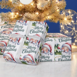 Papel De Presente Papai Noel Bonito e Divertido com Árvore e Tipogra