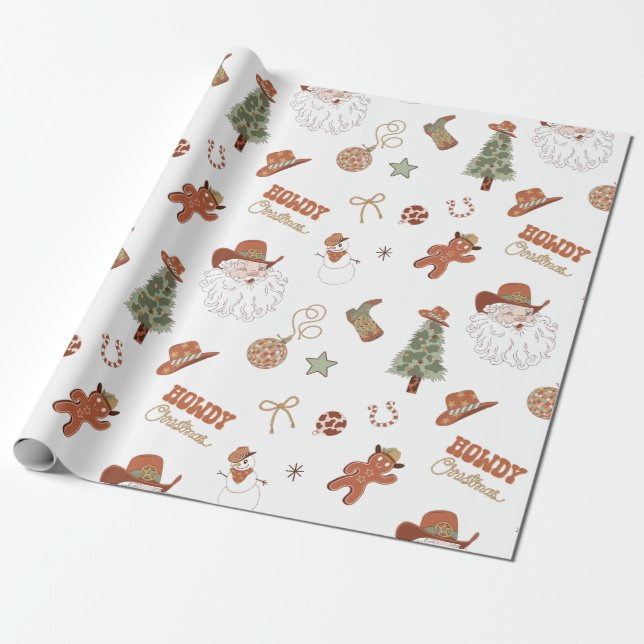 Papel De Presente Papai Noel Caubói Natal Western Howdy (Desenrolado)