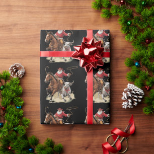 Papel De Presente Papai Noel Caubói Ocidental Roping Natal Vintage