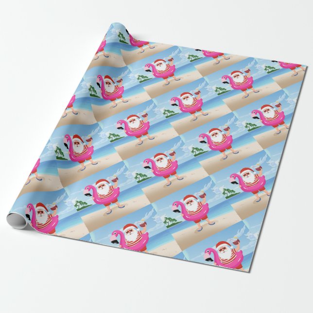 Papel De Presente Papai Noel com anel inflável flamingo (Desenrolado)