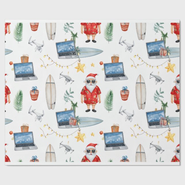 Papel De Presente Papai Noel com computador e prancha de surfe no Na (Aberto)