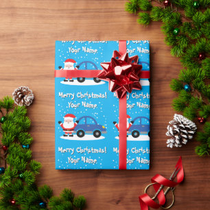 Papel De Presente Papai Noel com desenho animado de carro azul Natal