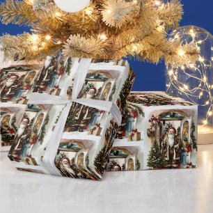 Papel De Presente Papai Noel com Presentes de Natal na Porta