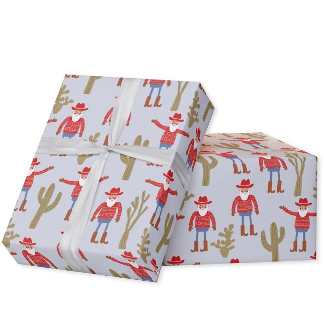 Papel De Presente Papai Noel Cowboy Natal Azul (Fun Cowboy Santa Claus Western Christmas Holiday gift wrapping paper roll)