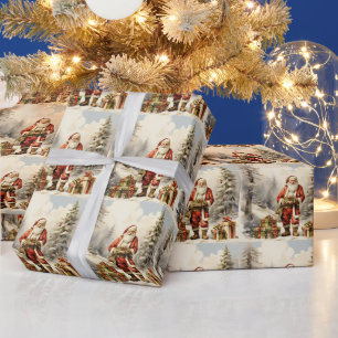 Papel De Presente Papai Noel da Floresta de Natal em Aquarela com Pr