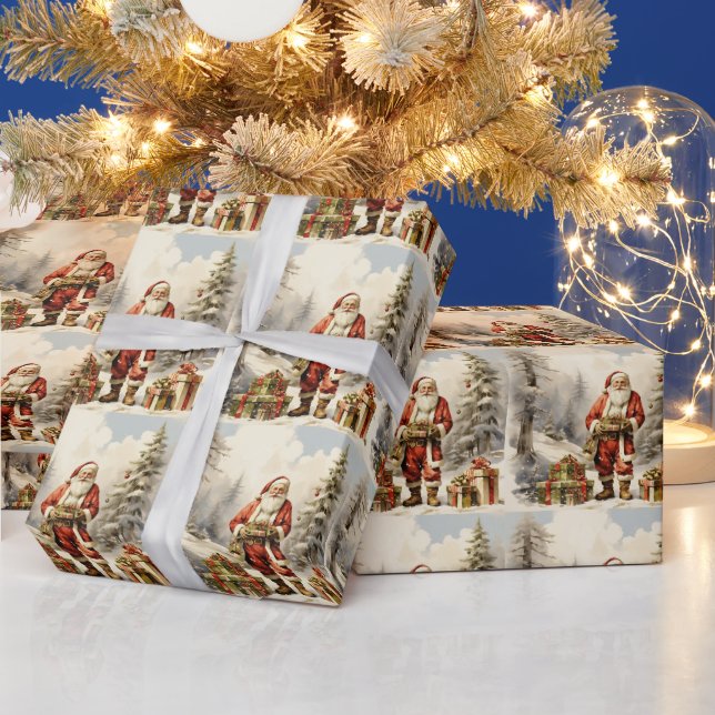 Papel De Presente Papai Noel da Floresta de Natal em Aquarela com Pr (Feriados)