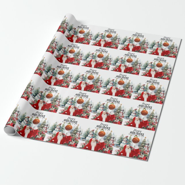 Papel De Presente Papai Noel de Basquete com Neve no Natal (Desenrolado)