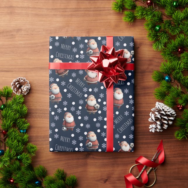 Papel De Presente Papai Noel de Futebol em Azul Marinho (Presente de Natal)