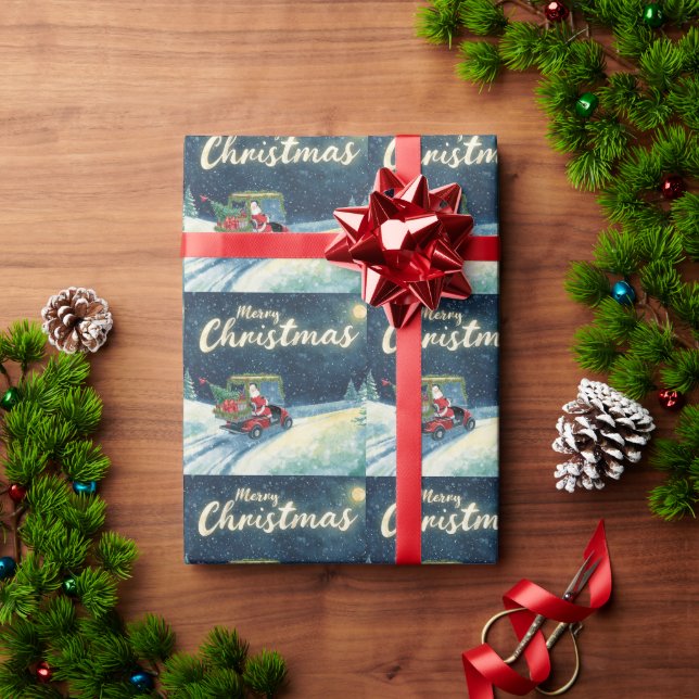 Papel De Presente Papai Noel de golfe andando de carrinho vermelho Á (Presente de Natal)