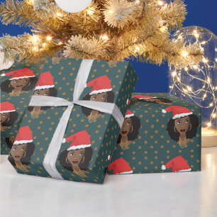 Papel De Presente Papai Noel de Natal, Mulher Negra, Pontos Marrons,