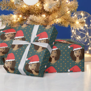 Papel De Presente Papai Noel de Natal, Mulher Negra, Pontos Marrons,