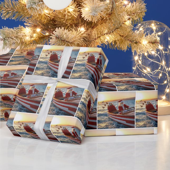 Papel De Presente Papai Noel dirigindo um barco de corrida (Feriados)