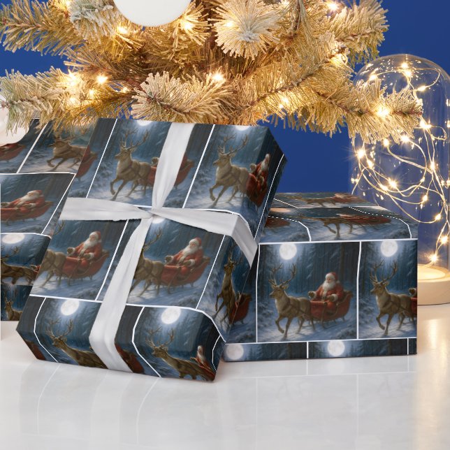 Papel De Presente Papai Noel dirigindo um trenó ao luar (Feriados)