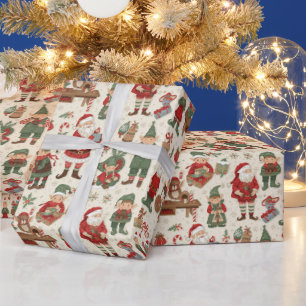 Papel De Presente Papai Noel duende de Natal azulejado festivo