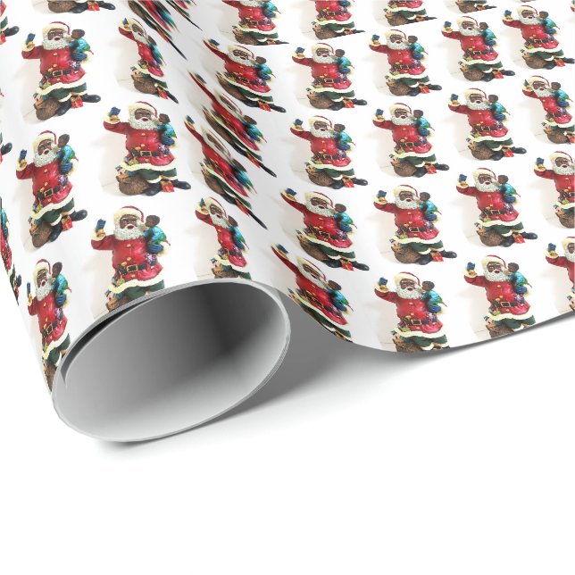 Papel De Presente Papai Noel e Presente Infantil Africano-Americano (Ponta do rolo)