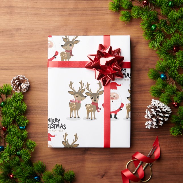 Papel De Presente Papai Noel e Reindeer - Fofo de Natal (Presente de Natal)