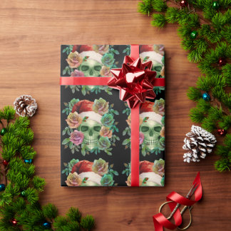 PAPEL DE PRESENTE PAPAI NOEL ENGRAÇADO CRÂNIO VERDE E FLORAL DE NATA