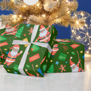 Papel De Presente Papai Noel engraçado de Natal com presentes verdes