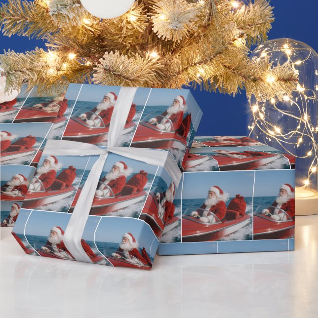 Papel De Presente Papai Noel Entregando Presentes de Lancha (Feriados)