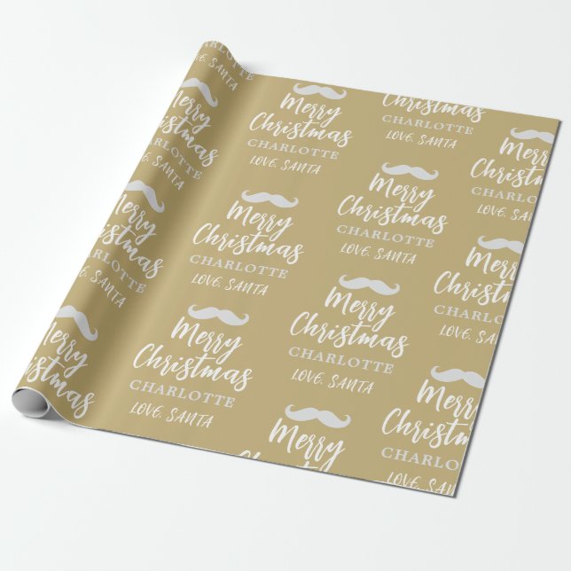 Papel De Presente Papai Noel Mustache Personalizado Dourado Natal (Desenrolado)