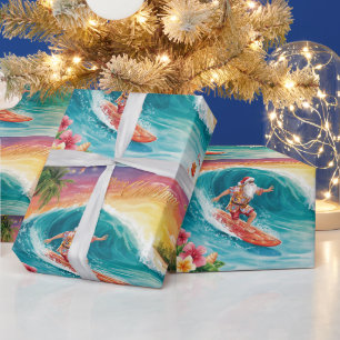Papel De Presente Papai Noel Natal em julho na praia surfista