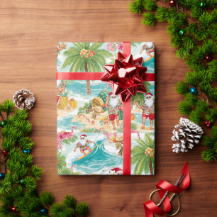 Papel De Presente Papai Noel Natal em julho na praia surfista