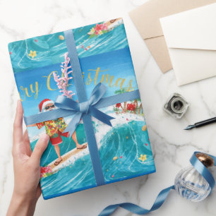 Papel De Presente Papai Noel Natal em julho na praia surfista