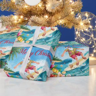 Papel De Presente Papai Noel Natal em julho na praia surfista