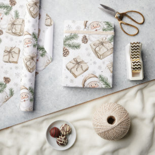 Papel De Presente Papai Noel Neutro Vintage Férias Natal