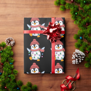 Papel De Presente Papai Noel Pinguim Luzes Natal Pinguins Xmas