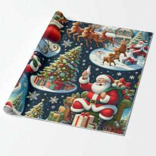 Papel De Presente Papai Noel retrata em várias atividades alegres