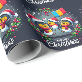 Papel De Presente Papai Noel Robins segurando a bandeira da Romênia