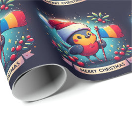 Papel De Presente Papai Noel Robins segurando a Bandeira da Romênia