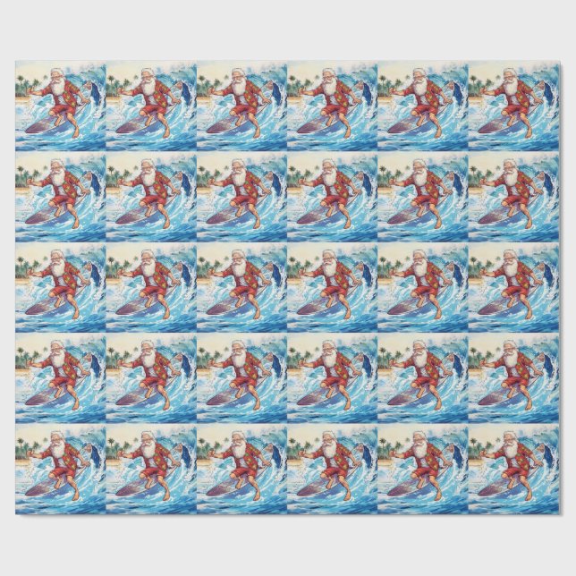Papel De Presente Papai Noel surfando em uma grande onda (Aberto)