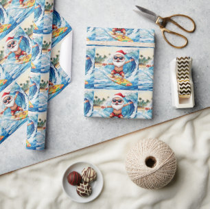Papel De Presente Papai Noel surfando está numa grande onda no Havaí