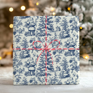 Papel De Presente Papai Noel Toile de Natal Vintage Azul Vitoriano
