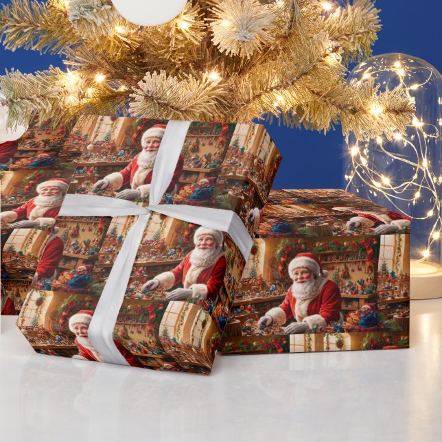 Papel De Presente Papai Noel trabalhando em sua oficina de brinquedo (Feriados)