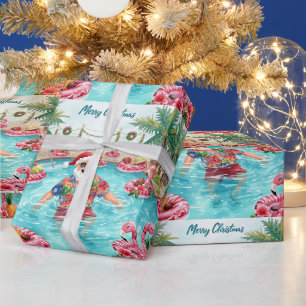 Papel De Presente Papai Noel Tropical de Natal na Piscina Embrulho d
