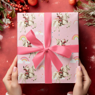 Papel De Presente Papai Noel & Unicórnio Natal Férias Arco-íris Rosa