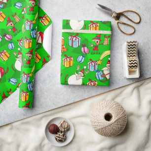 Papel De Presente Papai Noel Verde Brilhante & Elfos Natal